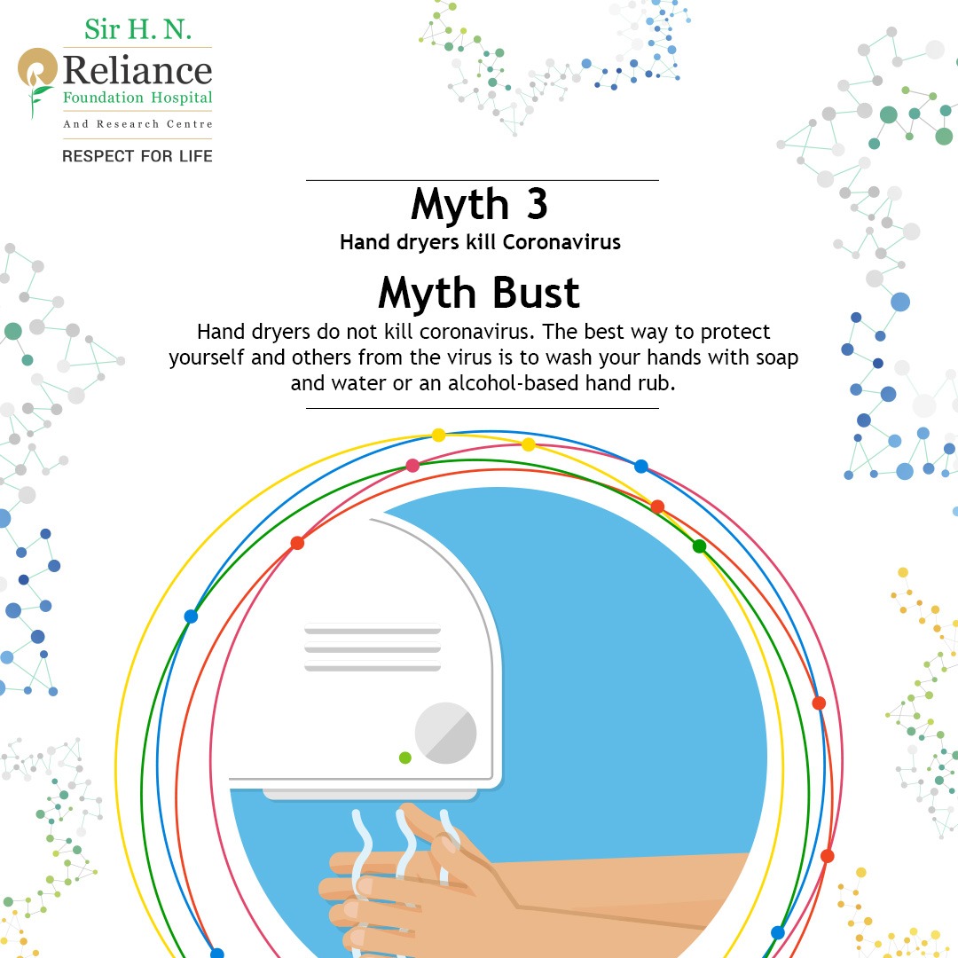 RFhospital's tweet photo. Washing your hands with soap and water or an alcohol-based hand rub is the best way to protect yourself from Coronavirus. Using hand dryers does not protect you from the virus as it cannot kill or get rid of the virus particulates.
#RespectForLife #Coronavirus #MythBust #Myth3 https://t.co/PHCrgpcS72