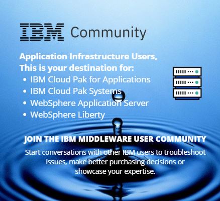 Join the discussion with other IBM users in the Application Infrastructure Group. Explore the Middleware Community: ibm.co/2uGBop4 #ibm #ibmcommunity #application #applicationinfrastructure #ibmusers #websphere #liberty #websphereliberty #cloudpak