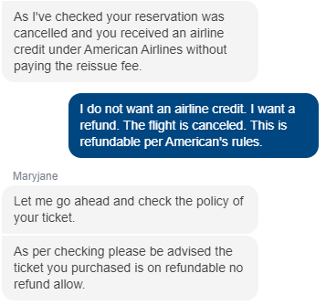 Fourth up was a flight that was canceled and Chase sent me an email telling me so. Unlike the last one where she just seemed confused, she is straight up lying to me on this one.