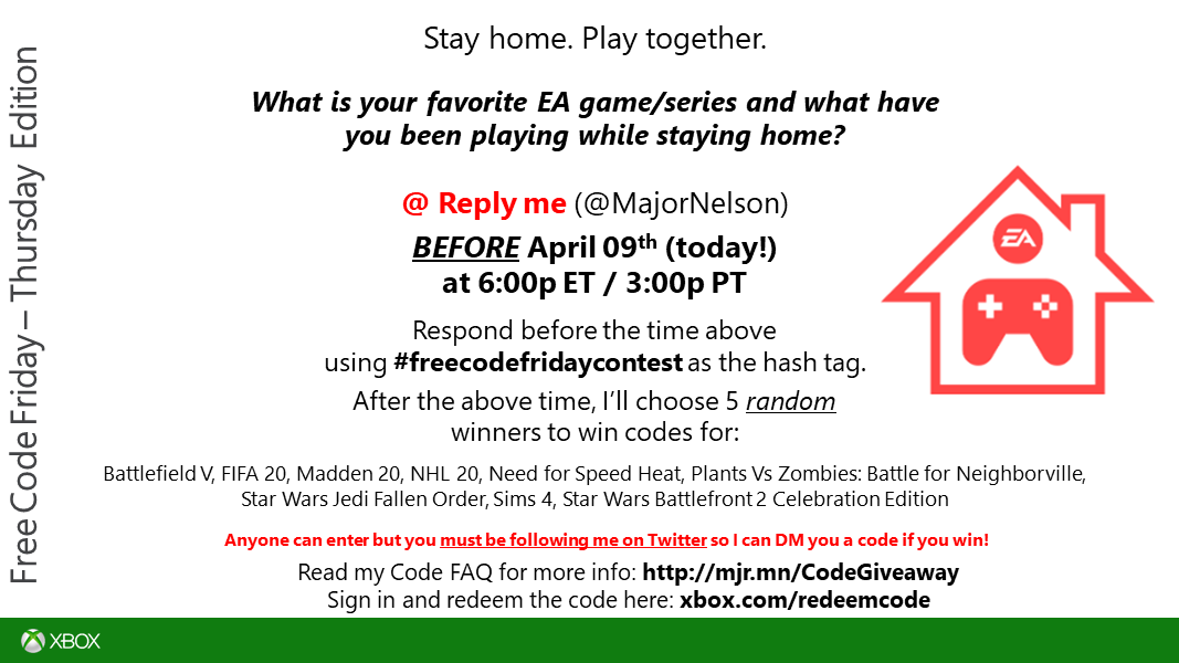  #freecodefridaycontest - Thursday Edition time. Read this and you could win codes for 9  @EA games (yes, nine!) on Xbox One to support their  #StayandPlay initiative  https://www.ea.com/stay-and-play . Good luck!