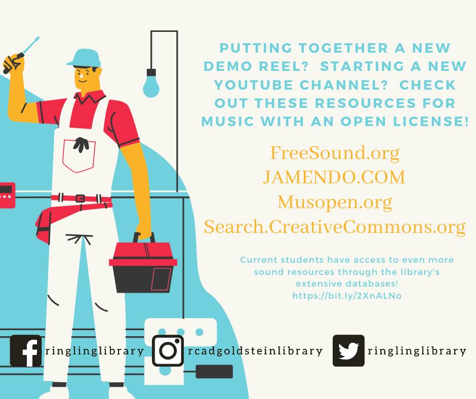 RinglingLibrary's tweet image. For #ThrowbackThursday, we want to highlight some of the sound/music resources available to both students and alumni who may be working on new demo reels/projects!
Check out our FB post in the link! bit.ly/2wsZOnl

#ringlingcollege #rcadgoldsteinlibrary #goldlibresources