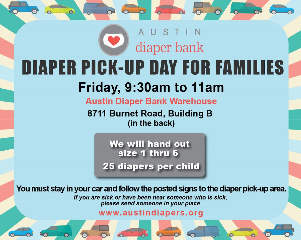 1 in 3 families go without enough diapers.  Now during this crisis, we expect that number to change drastically.  If you need diapers, come see us on Friday from 9:30-11:00am.  If you can help, support our mission by making a donation. @DonnaHowardTX @JudgeEckhardt @statesman