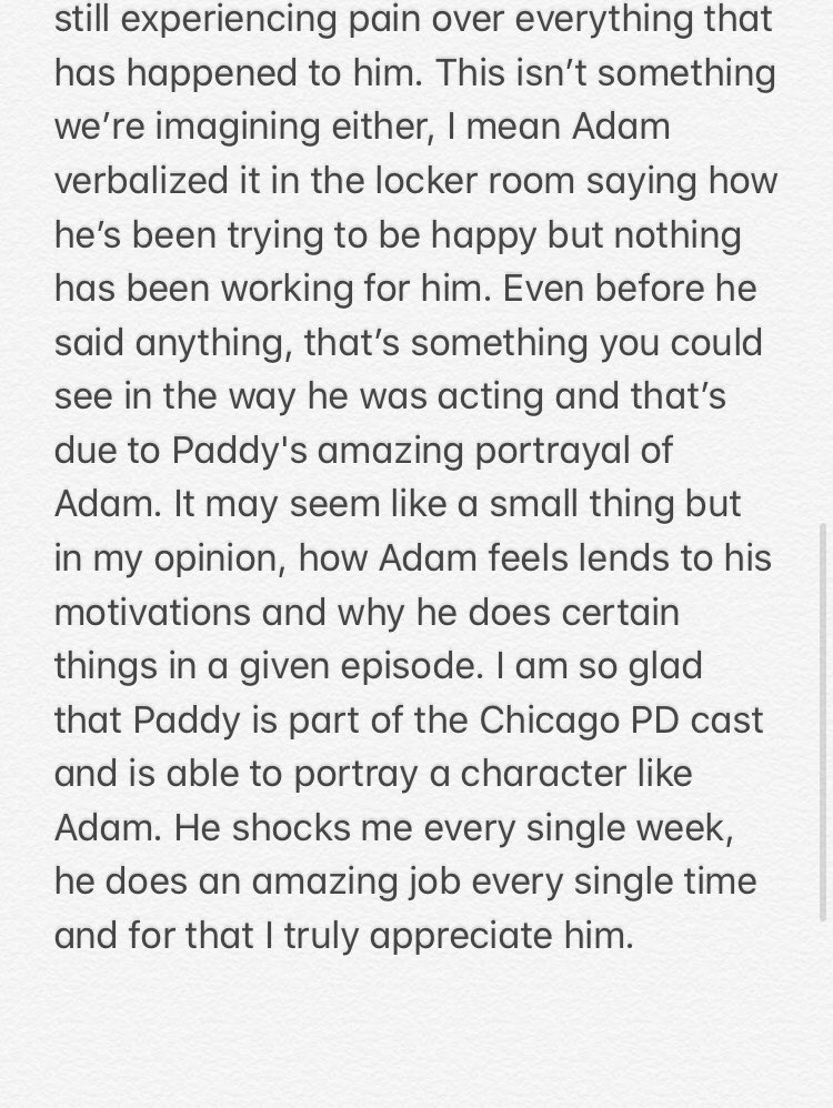 This tweet is meant to tell the world that Patrick John Flueger is an incredibly talented actor. I was inspired to write all of this down after last night’s episode so please read the attached images if you have a minute to spare. #ChicagoPD #AdamRuzek #PatrickFlueger