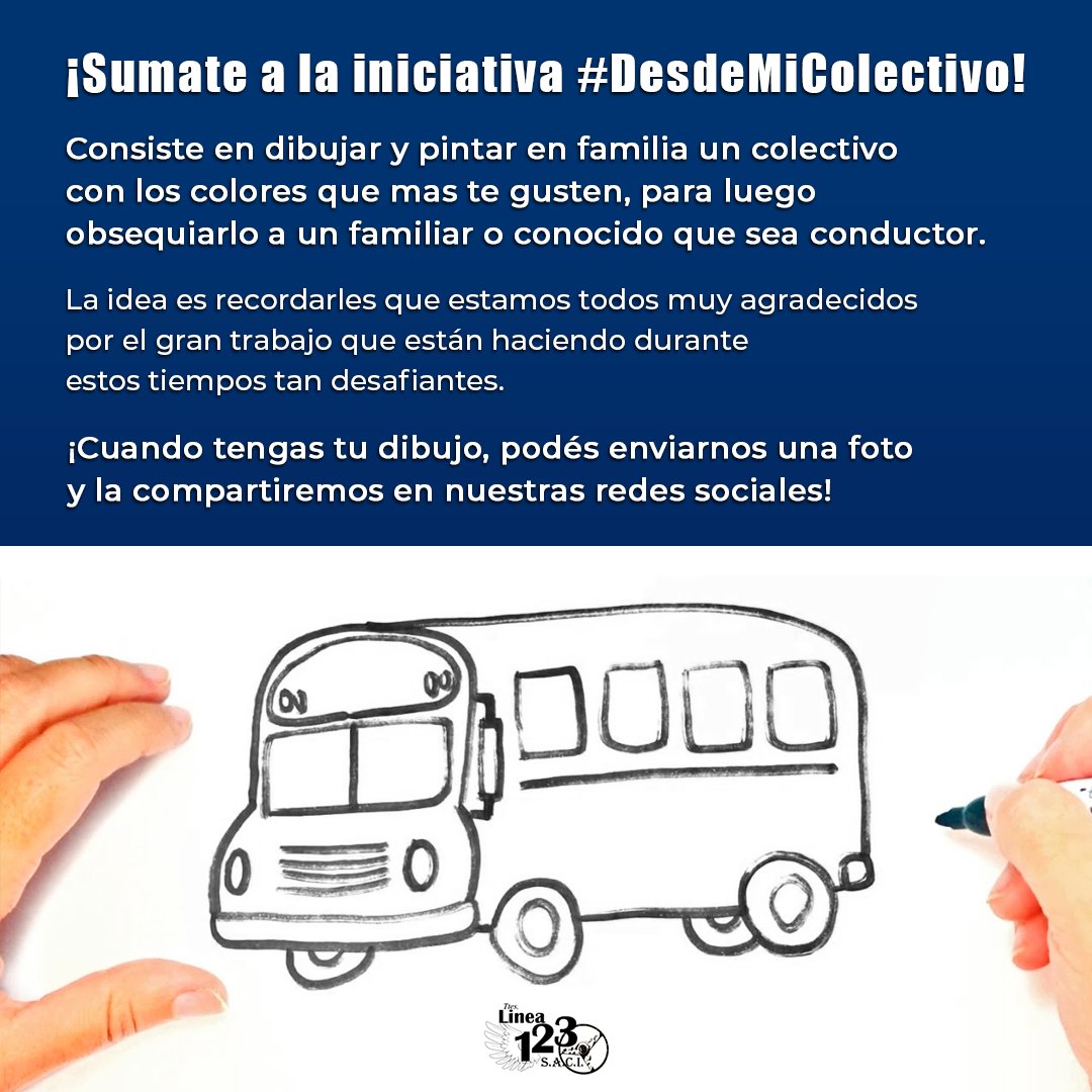 Desde Línea 123 te invitamos a sumarte a la iniciativa #DesdeMiColectivo 🚌😃

¡Cuando tengas tu dibujo, podés enviarnos una foto y nosotros la compartiremos en nuestras redes sociales!

#transportepublico #linea123 #colectivos #bondi #argentina