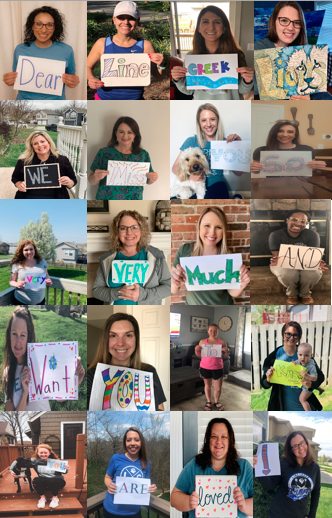 myaezzell's tweet photo. We want to honor the stay at home order, so no teacher parade for us, but @LineCreekLions came up with this way to show some love to students! This is the first of many so all staff could participate. #ParkHillProud https://t.co/B84bbZ6XIp