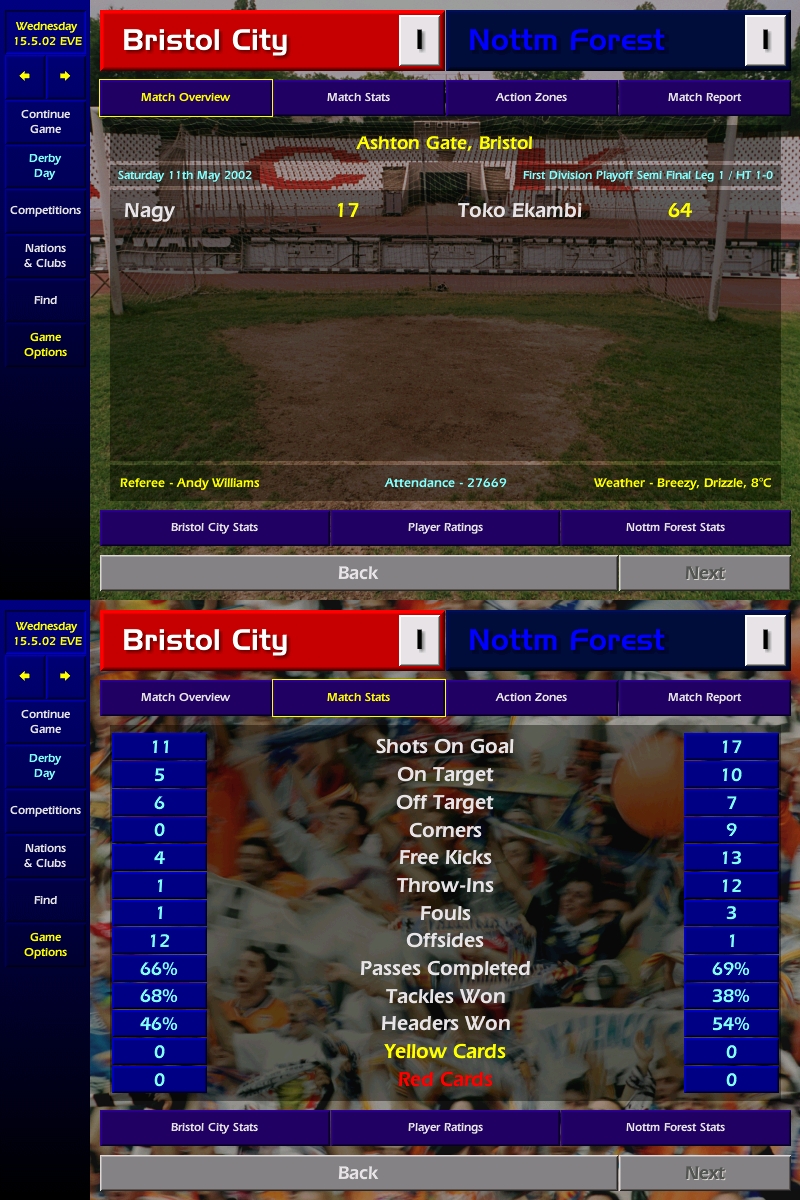 Season 1 - Season over and a successful first derby ! We beat the rival twice and finished ahead of him in the standings. We were knocked out of the play-offs after a crazy 2d leg against Bristol City. I'm gonna look for another club that has a derby on my list.  #CM0102  #DerbyDay