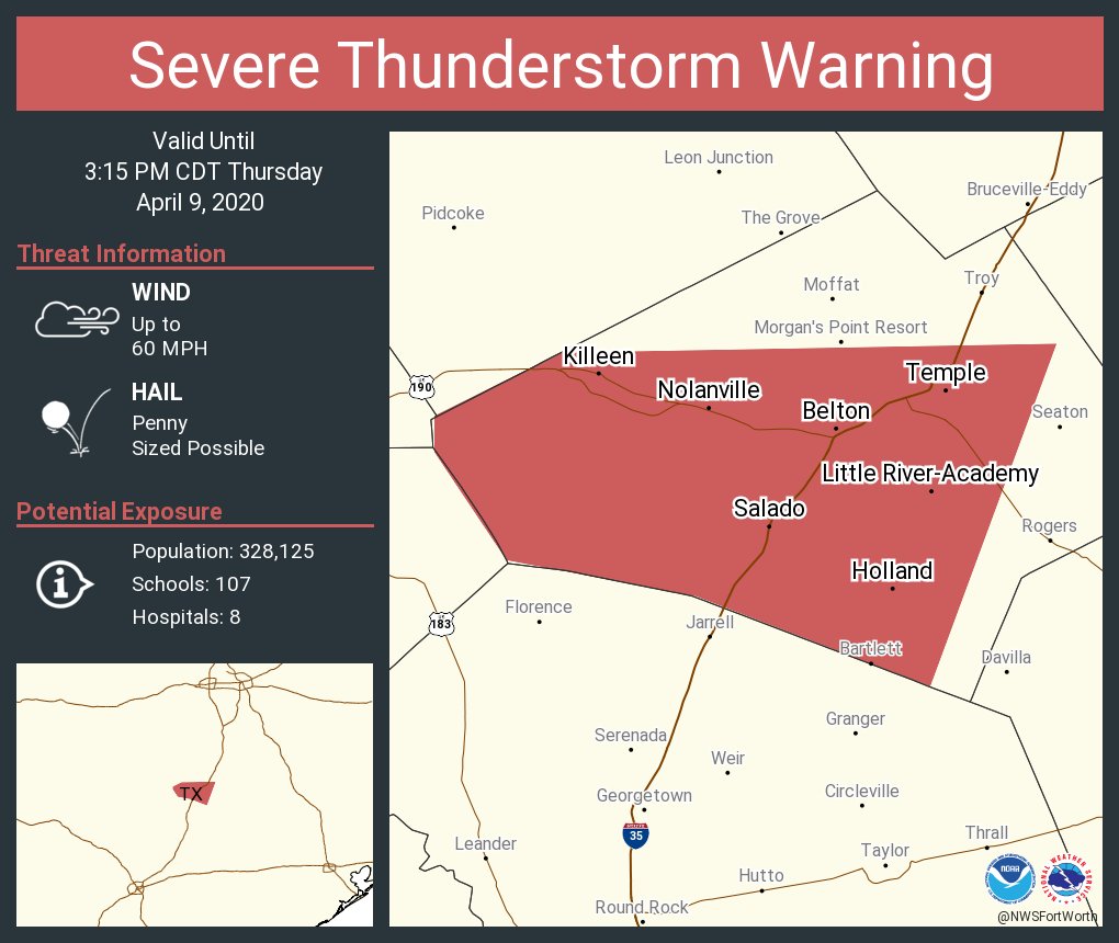 NWSFortWorth's tweet photo. Severe Thunderstorm Warning including Killeen TX, Temple TX, Fort Hood TX until 3:15 PM CDT https://t.co/UYH3T0tQKN