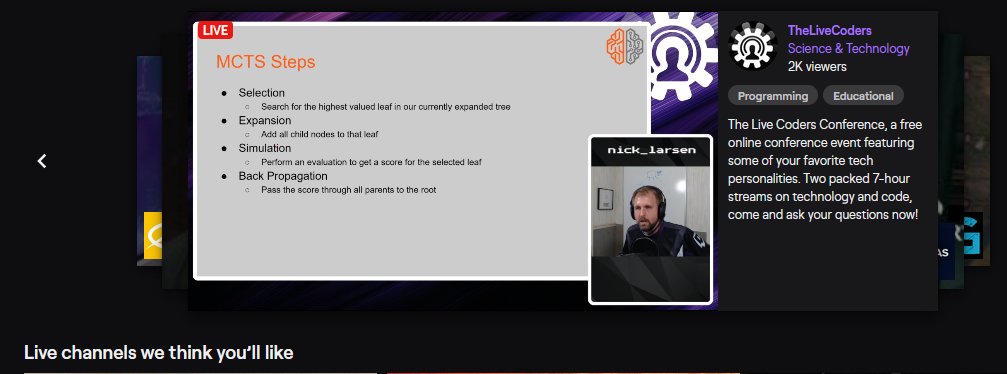 The Live Coders (@thelivecoders) on Twitter photo Now up is <a href="/fody/">Nick Larsen</a> on #LCConf2020 with his talk "Reproducing AlphaZero".
Tune in to learn more at twitch.tv/thelivecoders Now up is <a href="/fody/">Nick Larsen</a> on #LCConf2020 with his talk "Reproducing AlphaZero".
Tune in to learn more at twitch.tv/thelivecoders
