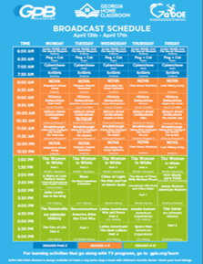GaStandardsOrg's tweet photo. Help spread the word. Here is the GPB-TV Instructional Broadcast Schedule for next week (4-13-20)! @GPBEducation #keepgeorgialearning #georgiahomeclassroom @gaelassoc @GeorgiaPTA @georgiadeptofed https://t.co/pLw8nqQgK4