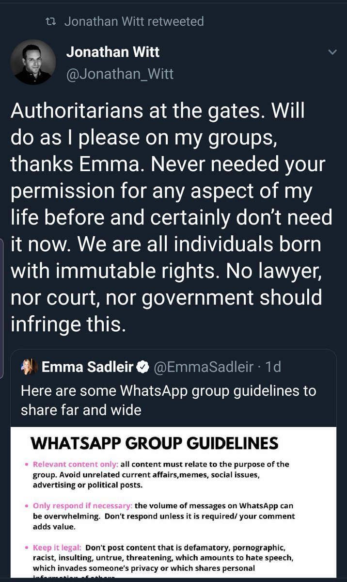 I'd take the panic a bit more serious if he didn't also screech AUTHORITARIAN AT THE GATES earlier today when he stumbled across...guidelines for Whatsapp group chats.No surprise, he retweets himself.