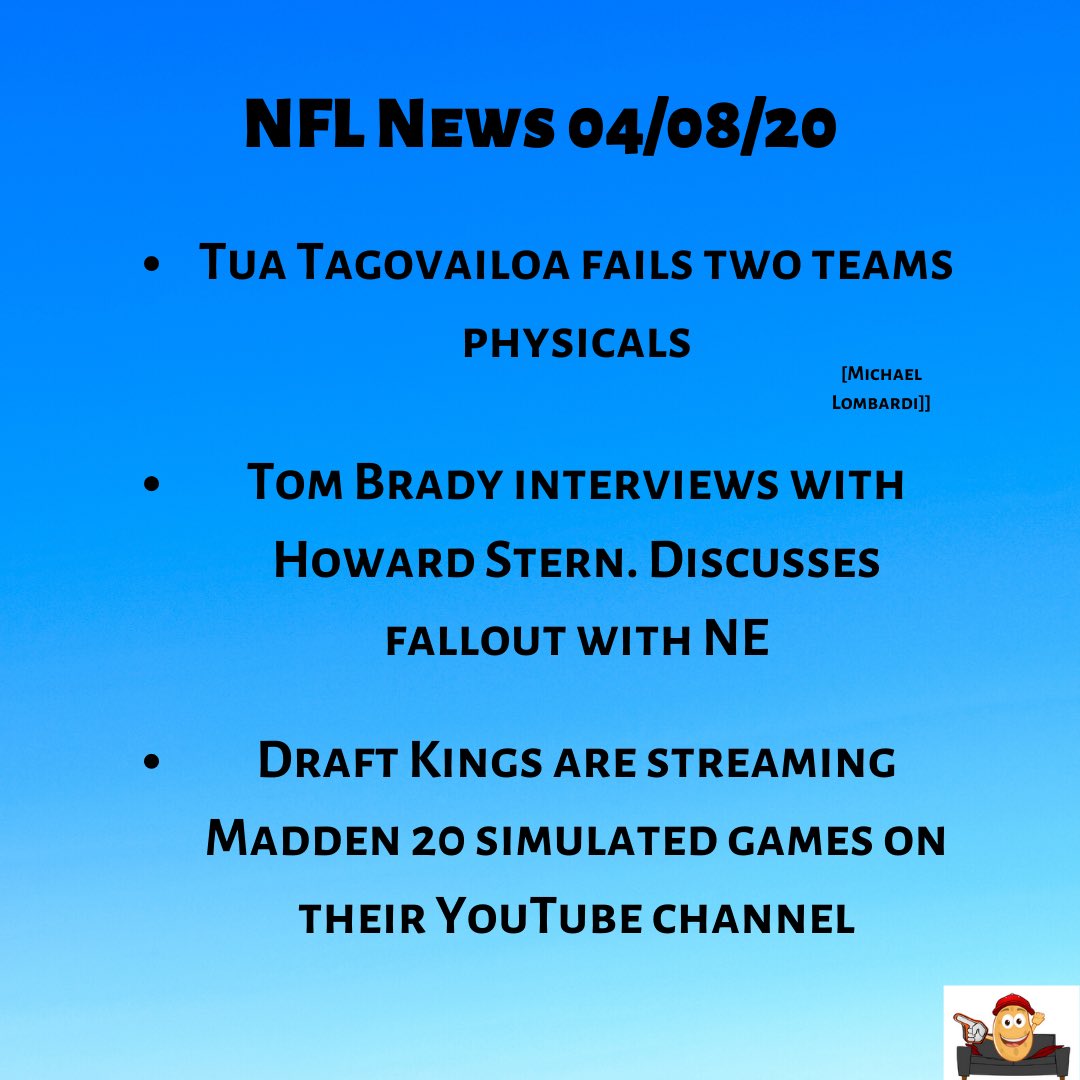PotatoAnalytics's tweet image. NFL news for April 8, 2020. #nflnews #nfl #nfldraft #nfldraftnews #tampabaybuccaneers #miamidolphins #newenglandpatriots #sportsnews #footballnews