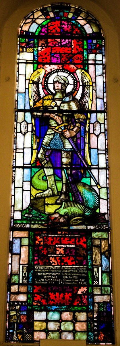 Stained glass windows flank this; on the left is “Phoebe” & on the right (a WWI memorial window) is “St. Michael”. A 3rd window depicts “Job, Fortitude, St John Baptist, & Justice” – in memory of the Poë family & Charles Vernon who died in the 1st World War. All 3 of these (4/7)