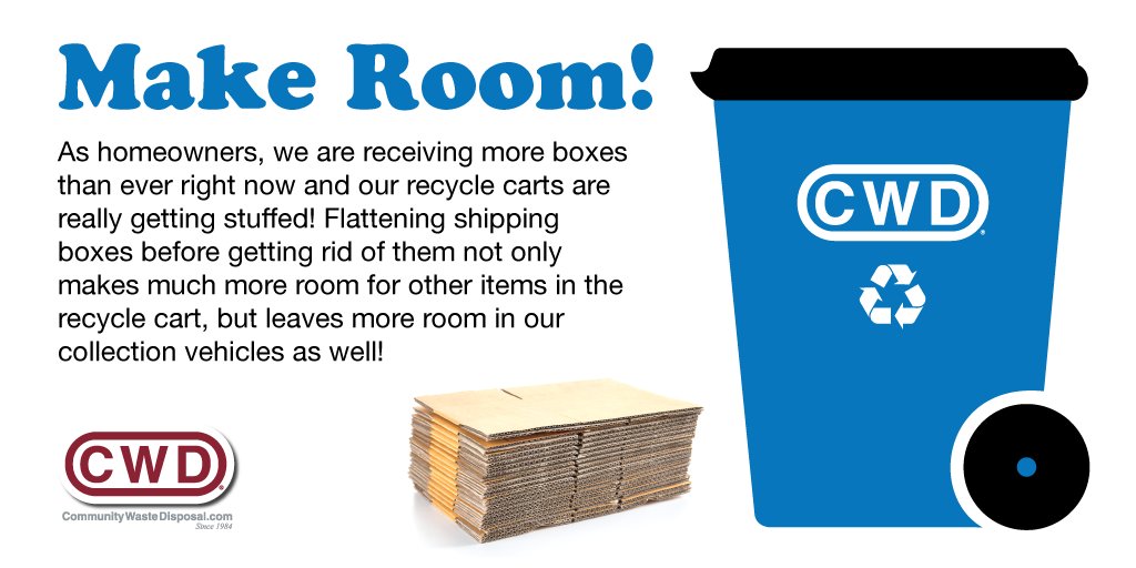 CWDisposal's tweet photo. As we stay safe at home, we find our recycle carts getting more full than usual as we choose to have items delivered. Please remember to flatten all your boxes prior to depositing them in your recycle cart. You'll find you've got more room for other items! #StaySafe #CWDCommunity https://t.co/NZrKQASHQE