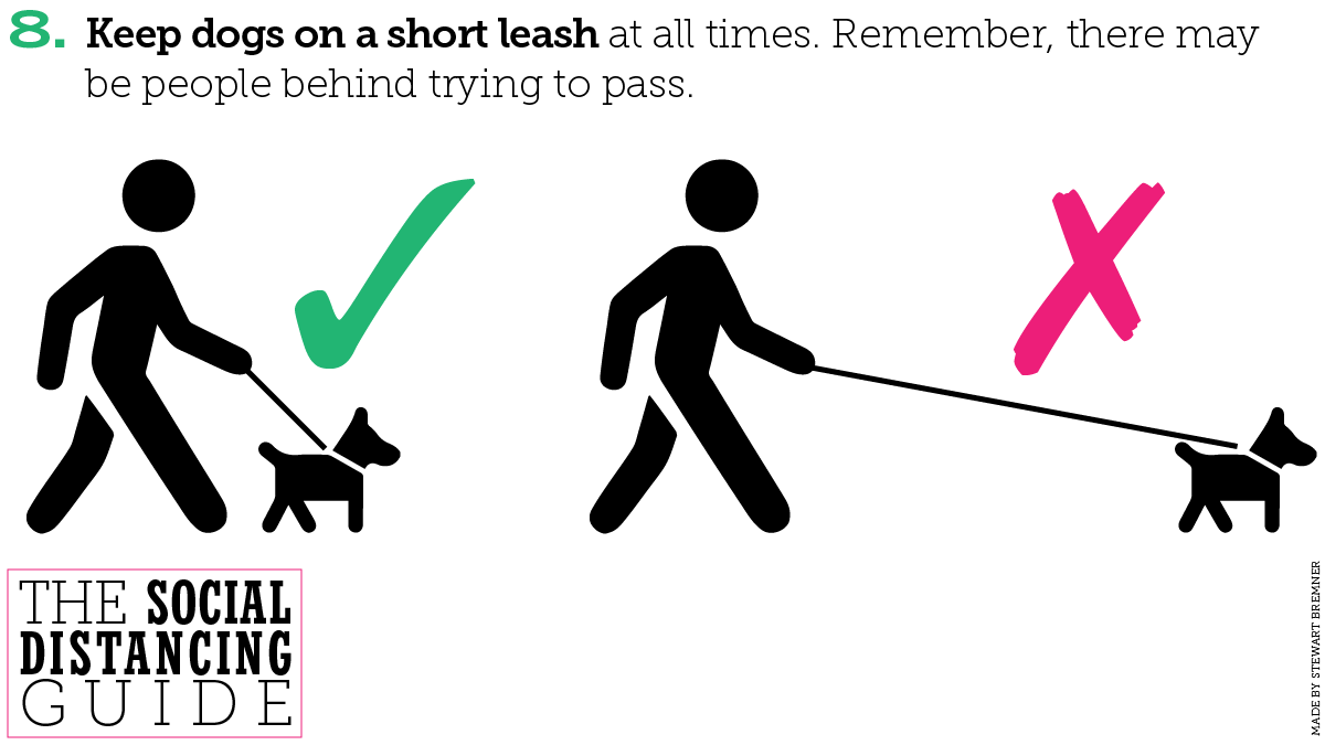 8. Keep dogs on a short leash at all times. Remember, there may be people behind trying to pass.