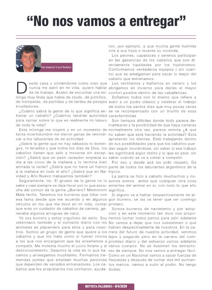 revpal's tweet photo. Revista Palermo Blanca Edición Digital - 8 de abril 
Coco Bullrich: ''¡No nos vamos a entregar!'' 🏇👏👊����@RBullrich https://t.co/LUxs6trewW