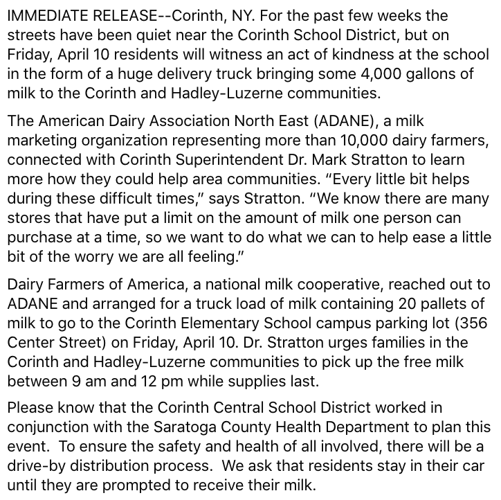 HadleyLuzerneCS's tweet photo. Thanks, @CorinthCSD for this great news release! Pallets of Free Milk Being Distributed to Local Families, April 10, 2020🔹The free milk is extended to Hadley-Luzerne families as well! We encourage all families to take advantage of this opportunity. 🔹 https://t.co/UWcWbejfSs