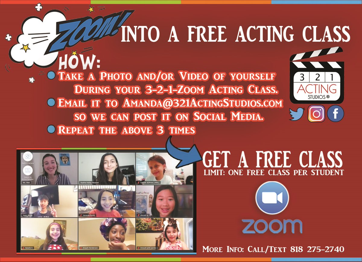 321Acting's tweet image. Get a free Online Acting Class -&amp;gt; Ask a friend to join you in your Zoom Live Online Acting class and you&apos;ll get a free class! Call/Text for more info: 818 275-2740
_________
#ActingClasses #ZoomActingClasses #ZoomMeeting #ActingForKids #ActingForTeens #ActingForAdults #ActorsLife