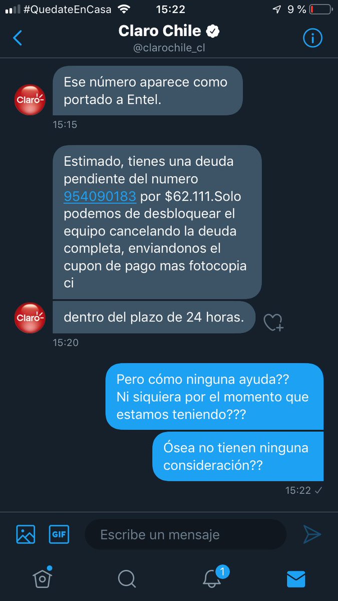 ulinogeno's tweet photo. @clarochile_cl @l_acv2 Esta fue la respuesta!! Pague más de 1 año a esta compañía y cuando necesito ayuda me cierran la puerta en la cara! NO SE CAMBIEN DE COMPAÑÍA A DEMÁS SE LES CAÍA LA SEÑAL A CADA RATO!! https://t.co/nzbacbDrQJ