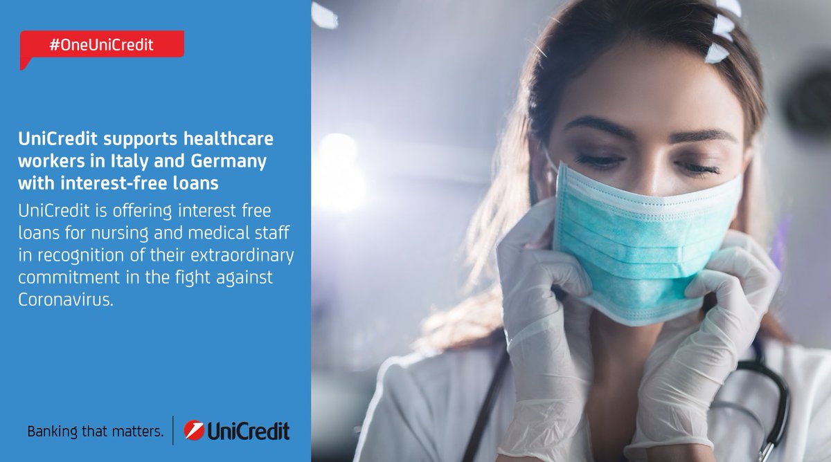 #OneUniCredit: #UniCredit is offering interest-free loans for nursing and medical staff in #Italy and #Germany in recognition of their extraordinary commitment in the fight against Coronavirus. 🇮🇹🇩🇪
🔎one.unicreditgroup.eu/latest/unicred…