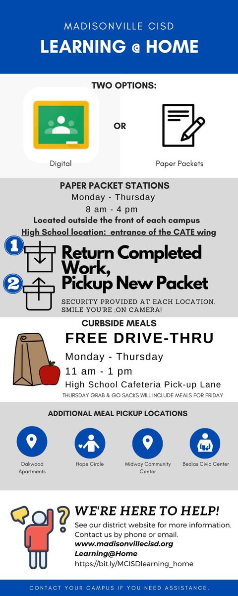 MCISD's tweet photo. Updates/changes for Learning@Home and curbside meal service will begin April 13. See our Learning@Home page for more details. https://t.co/6JpssTHjOw https://t.co/uNqEMJrAEf