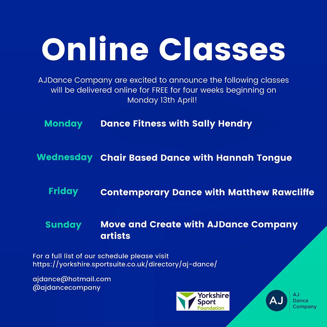 🌟ANNOUNCEMENT🌟
4 exciting online classes starting Monday! A mixture of uploaded classes and live classes for you to join in with! 
More information over the weekend🕺
<a href="/yorkshiresport/">Yorkshire Sport Fndn</a> #virtuallyactive #dance #onlineclass #danceonline 
<a href="/OrangeBoxHX/">Young People's Service: Orange Box Halifax</a> <a href="/NorthWestDance/">North West Dance</a> <a href="/YorkshireDance/">Yorkshire Dance</a>