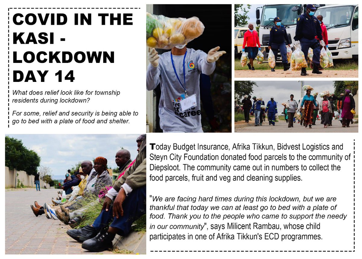 #COVIDINTHEKASI - #LOCKDOWNSA DAY 14

The Diepsloot community received food parcels from 
@AfrikaTikkun @Bidvest @SteynCity & @budgetins
 
#KasiKwarantine #Coronavirus #Diepsloot2030  #Thankful #CommunitySupport #Diepsloot2030 #corporategiving #corporatesocialresponsibility