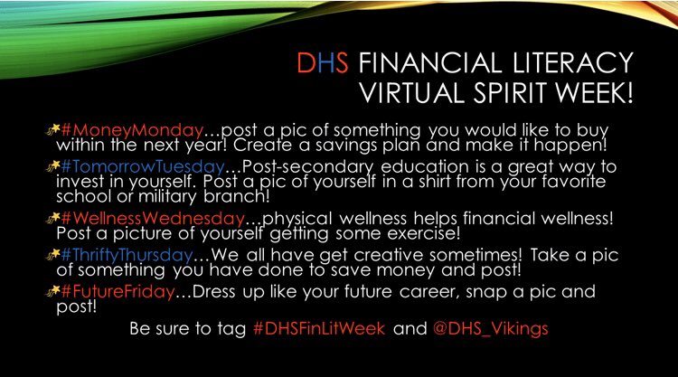 kelsey_dahlberg's tweet photo. To celebrate #FinancialLiteracyMonth join us in a #DHSFinLitWeek virtual spirit week next week! 💚 https://t.co/PUTHco8prg