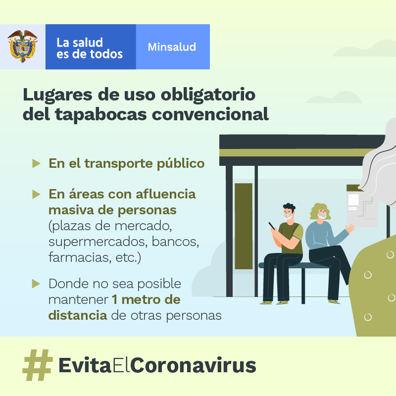 MinSaludCol's tweet photo. Si no puedes adquirir un tapabocas convencional, utiliza uno de tela, hecho en casa, para cumplir con la medida de uso obligatorio en el transporte público, áreas con afluencia masiva de personas y donde no sea posible mantener la distancia mínima de 1 metro. #EvitaElCoronavirus https://t.co/V2ZxQ0985d