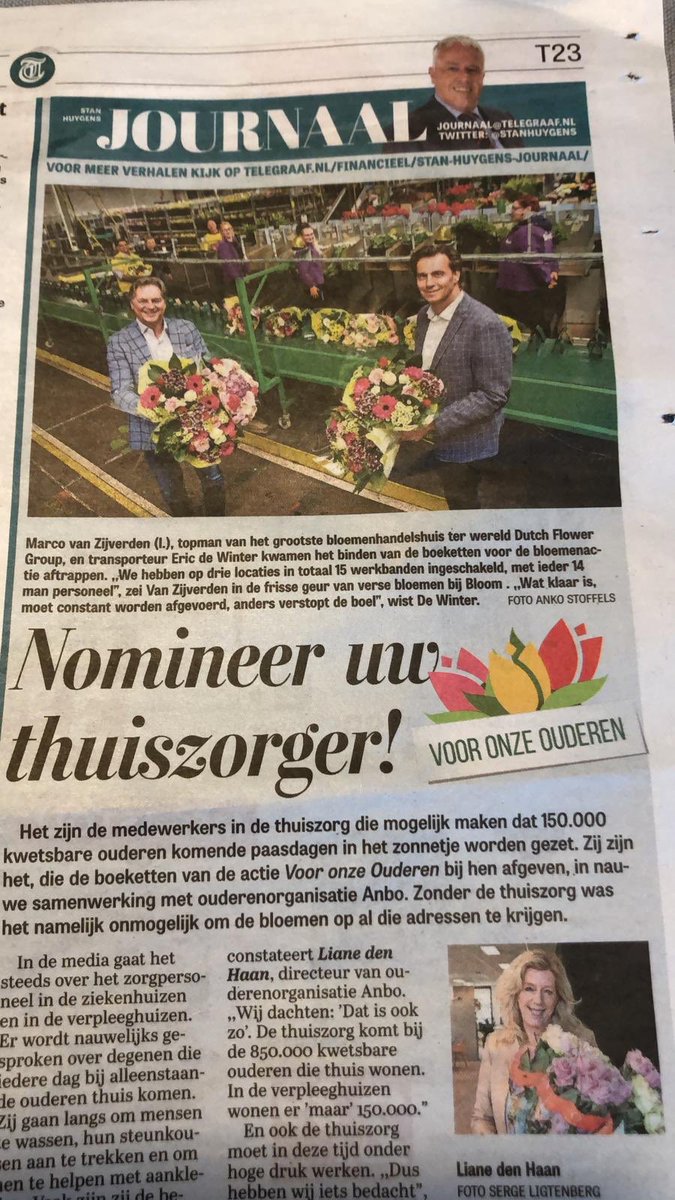 Vandaag is de aftrap van de actie "Boeketten tegen eenzaamheid"gestart. Hierbij worden 150.000 boeketten door de sierteeltsector bij elkaar gebracht en door de Sierteelttransporteurs gedistribueerd over Nederland naar alle thuiszorginstellingen. #lethopebloom