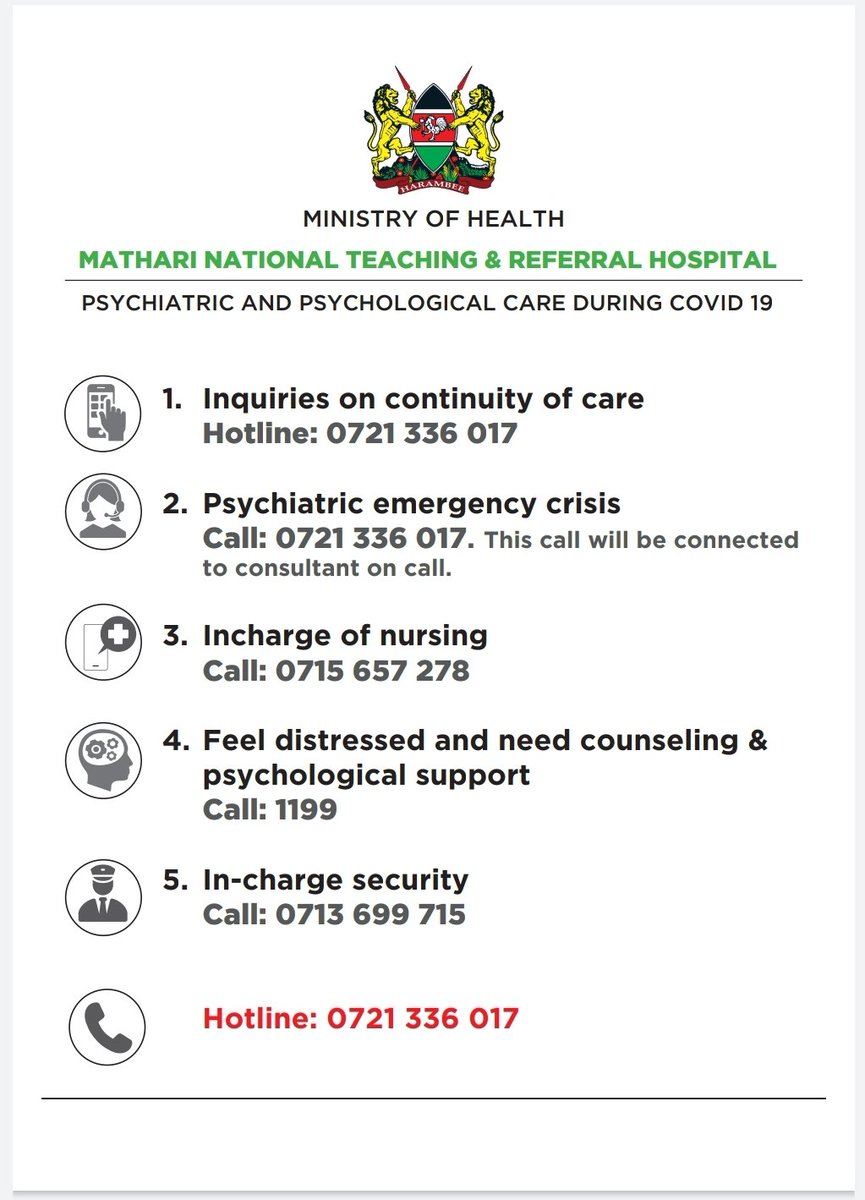 For persons with preexisting mental health conditions who require psychiatric review, psychological support, medication refill &amp; emergency admission during #covid19kenya you can reach out to the following numbers <a href="/matharireferral/">Mathari Referral</a>
#nohealthwithoutmentalhealth
#ItsOkNotToBeOk