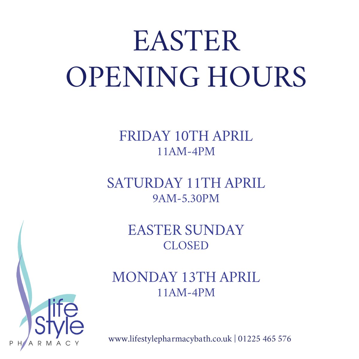 Here are our opening hours over the Bank Holiday weekend. Please only come to the pharmacy if absolutely essential.

For all other queries please contact us on 01225 465 576, or visit nhs.uk or call NHS 111.

#StayHomeSaveLives  #EasterWeekend <a href="/BathEcho/">Bath Echo</a>