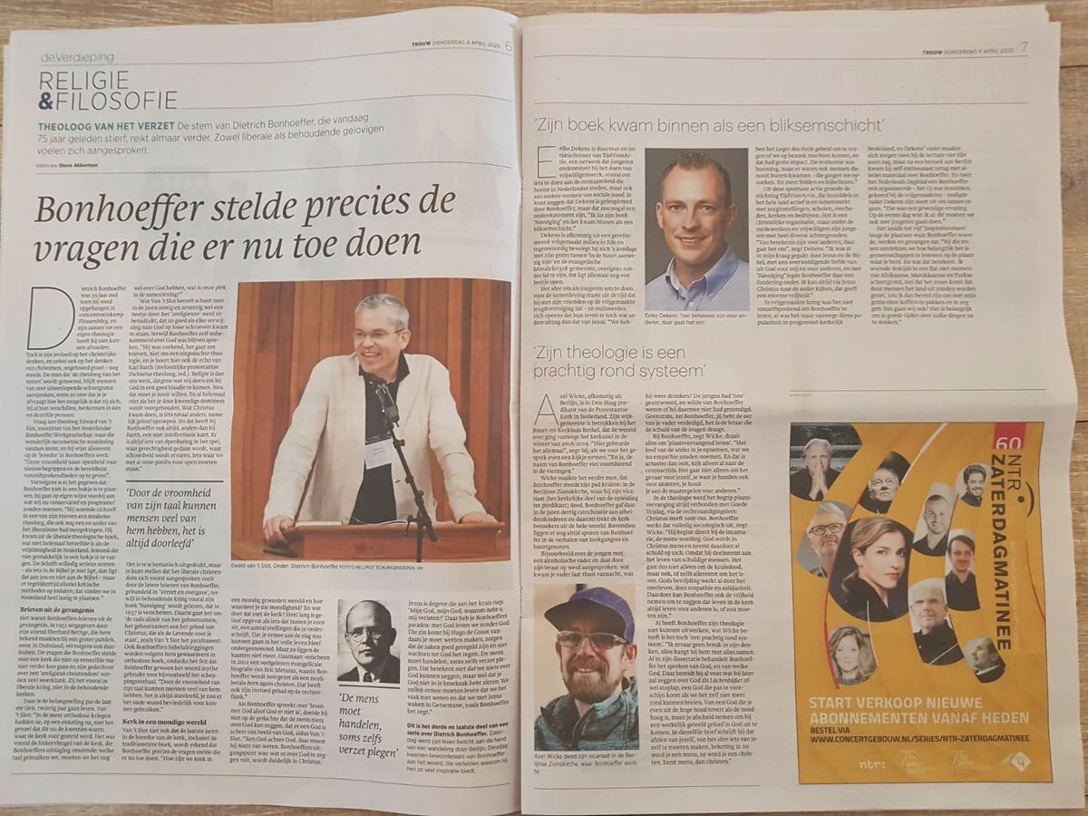 Vandaag 75 jaar geleden werd Dietrich Bonhoeffer in opdracht van Hitler vermoord. Vandaag in herinnering artikel <a href="/trouw/">Trouw</a> met bijdragen @edwardvantslot, <a href="/elziax/">elz</a> en mij over hoe Dietrich Bonhoeffer voor ons tot inspiratie is. Afgelopen dinsdag artikel <a href="/gertjansegers/">Gert-Jan Segers</a> <a href="/StevoAkkerman/">stevo akkerman</a>