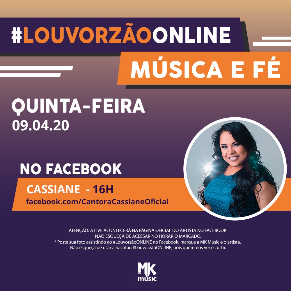 MKMusicBrasil's tweet photo. Você pediu e hoje tem #LouvorzãoONLINE com  @CASSIANECANTORA exclusivamente no FACEBOOK, a partir das 16h. E vai rolar Watch Party na nossa página também para assistirmos juntos e comentarmos em tempo real!
➡️ https://t.co/49gAKe66ee 
#MKéMaisDigital #FiqueEmCasa https://t.co/ohPCzjEP4q