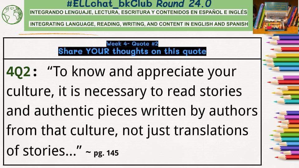 #ellchat_BkClub 24.0 4A2
Why Ts need to read these books too. So we can glimpse into the culture of our Ss and better appreciate them and where they come from and thus know books they may like (Never assume you can understand!) <a href="/emilyfranESL/">Emily Fɾαɳƈιʂ</a> <a href="/ABCD2SCo/">Shawn Slakk, EdD</a> @calderonexc
