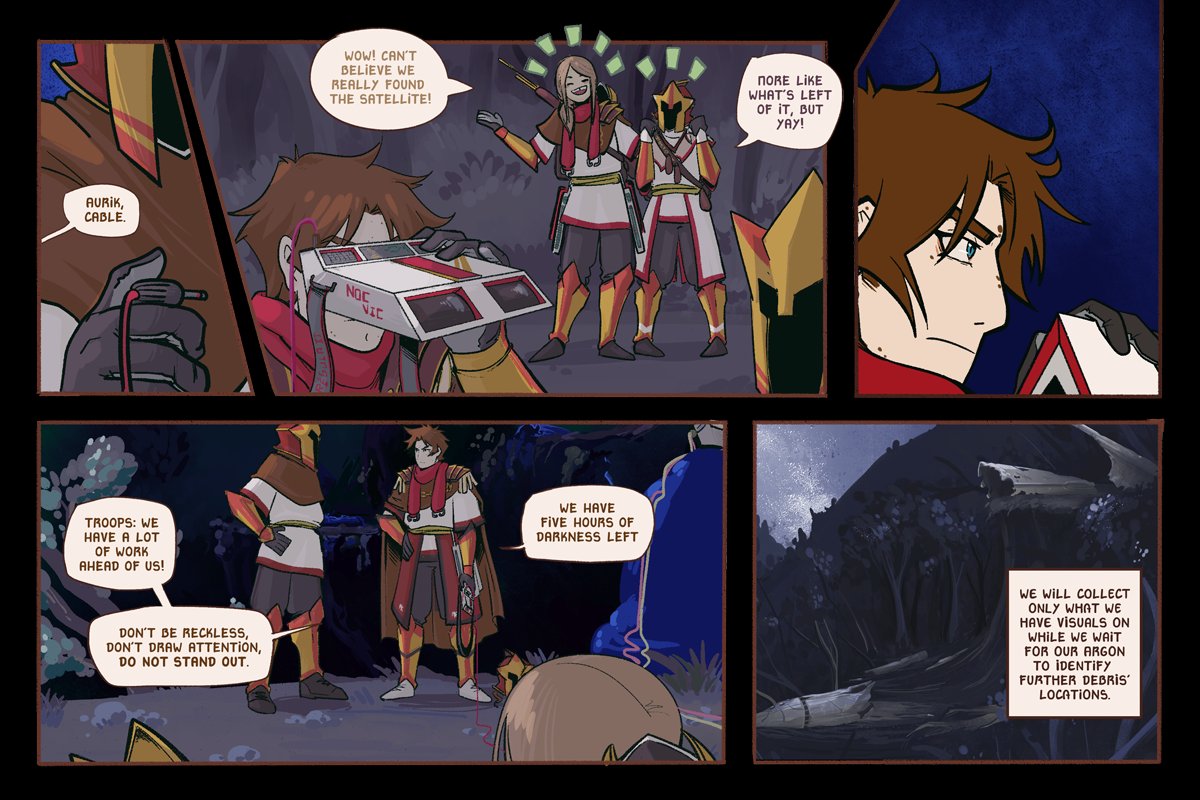 O Sarilho starts in media res, as a team is looking over the remains of a crashed ancient satellite trying to figure out what exactly they are looking at... I mean, there's a satellite alright but something else crashed down with it #MeetTheWebcomic  #sarilho