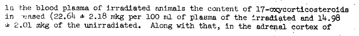 26/ In the blood plasma of irradiated animals the content of 17-oxycorticosteroids increased (see: attached).