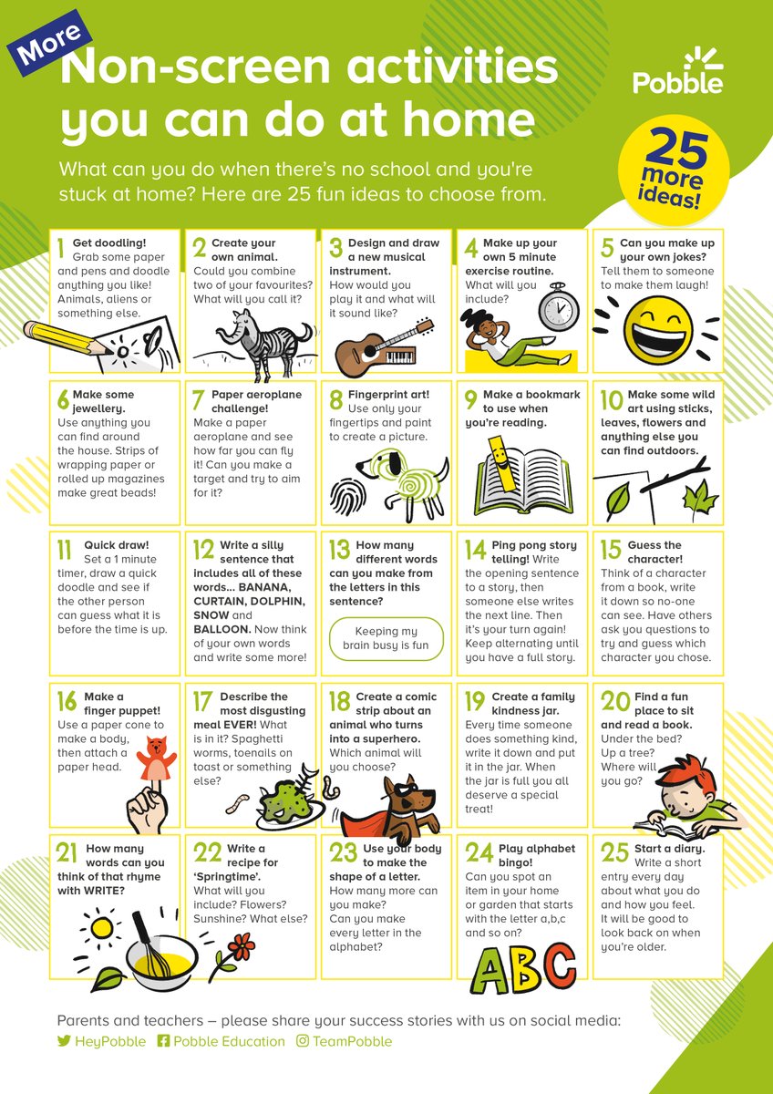 HeyPobble's tweet photo. ⭐️ NEW! ⭐️ Our 25 non-screen activities was so popular! The kids might have worked their way through them by now, so we’ve created 25 MORE activities for you! 

Download and print your copy here 👉🏽 https://t.co/MjfVXPs7yE 👈🏽 https://t.co/BEQZG1ykwa
