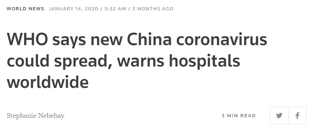 3/ the Reuters article  https://www.reuters.com/article/us-china-health-pneumonia-who/who-says-new-china-virus-could-spread-its-warning-all-hospitals-idUSKBN1ZD16J of Jan 14 headlined a warning to hospitals. They quoted senior WHO official who distinguished "limited" and "sustained" human-human, but caveat that very early yet.