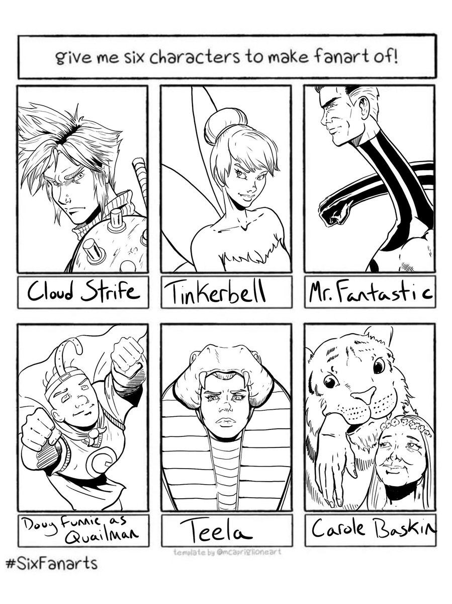 So many great suggestions for this! Definitely going to be doing more of these. Anyways, here’s round 1! #sixfanarts #sixfanartschallenge #cloudstrife #finalfantasyvii #tinkerbell #mrfantastic #fantasticfour #dougfunnie #quailman #teela #mastersoftheuniverse #carolebaskin