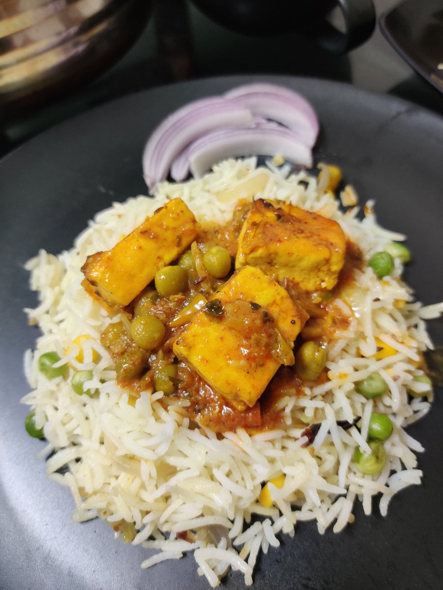 Bengali chanar dalna (Alu-Matar-Paneer) with corn pulao #food  #cookingathome