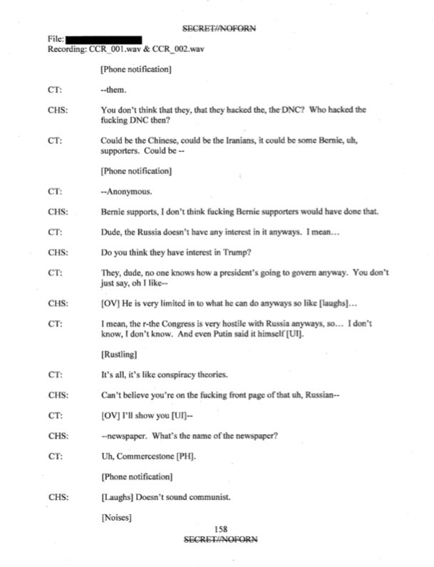 To save you reading 171 pages of  @GeorgePapa19 transcript here’s the most important parts, where he denies he or the Trump campaign had anything to do with hacking the DNC or Russia to an FBI Confidential Human Source wearing a wire