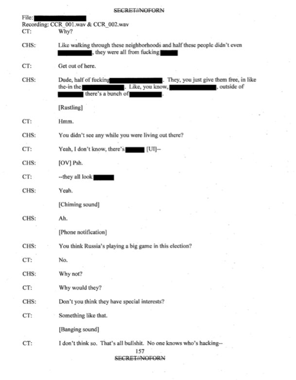 To save you reading 171 pages of  @GeorgePapa19 transcript here’s the most important parts, where he denies he or the Trump campaign had anything to do with hacking the DNC or Russia to an FBI Confidential Human Source wearing a wire