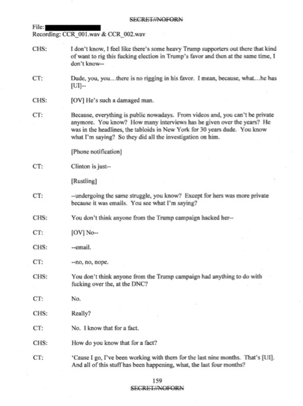 To save you reading 171 pages of  @GeorgePapa19 transcript here’s the most important parts, where he denies he or the Trump campaign had anything to do with hacking the DNC or Russia to an FBI Confidential Human Source wearing a wire