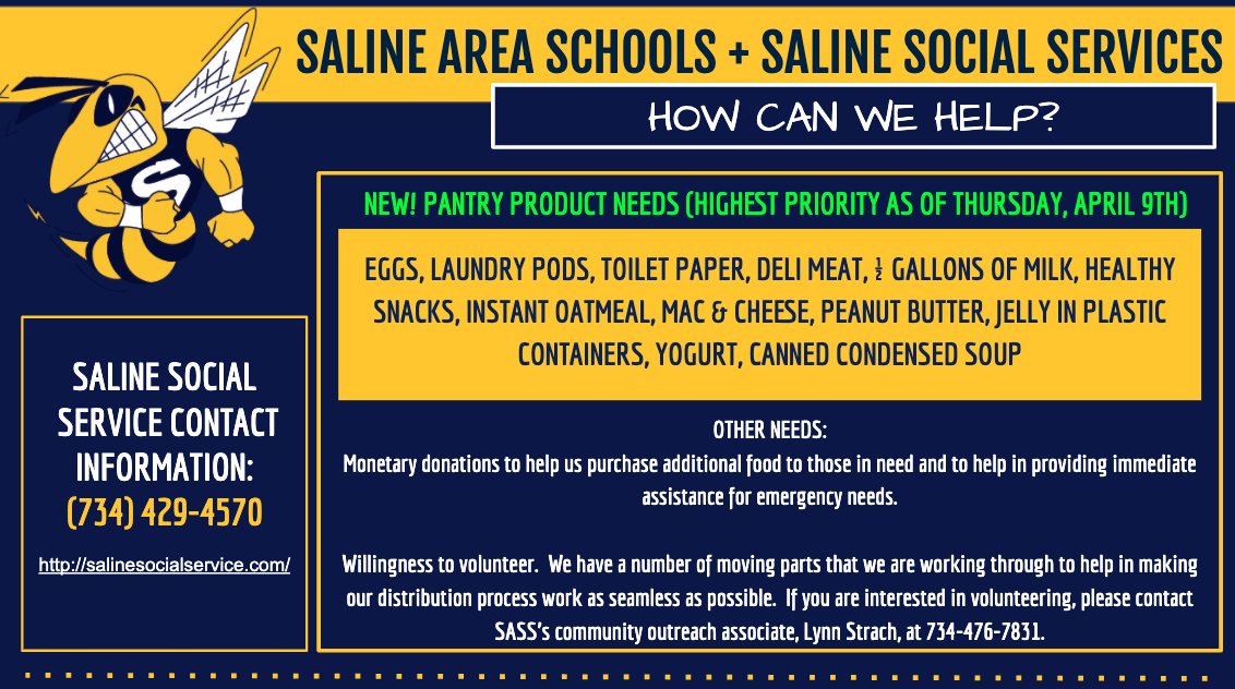 HELPERS NEEDED🚨: Updated list of needs from Saline Area Social Service. Want to donate funds instead? Click here: salinesocialservice.com #SalineStrong #SASCompass