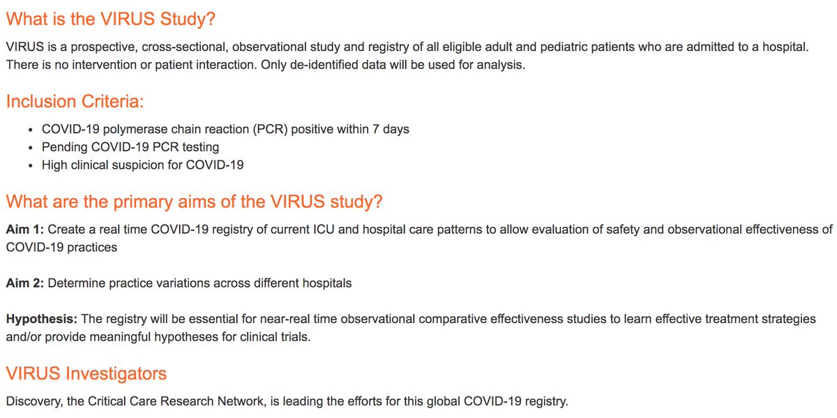 2/n:  @SCCM's VIRUS: Viral Infection and Respiratory Illness Universal Study  @covid19registry Inclusion criteria  https://www.sccm.org/Research/Research/Discovery-Research-Network/VIRUS-COVID-19-RegistryFind out if your site is already enrolled:  https://docs.google.com/spreadsheets/d/19e2oof7S6CZViFthOduRXA6R9uzrmQCTIlb-Z03IrTk/edit#gid=734616311 #Pulmonology  #Pulm  #CriticalCare  #PCCM