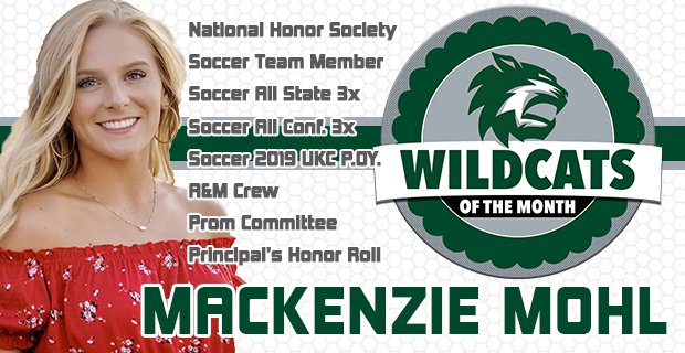 DeSotoWildcats's tweet photo. Congratulations to Mackenzie Mohl on being named as a Wildcat of the Month! Thank you Mackenzie for being the outstanding individual you are and for representing DHS in a positive light! @WildcatSoccer22 https://t.co/HnAcOEKsab