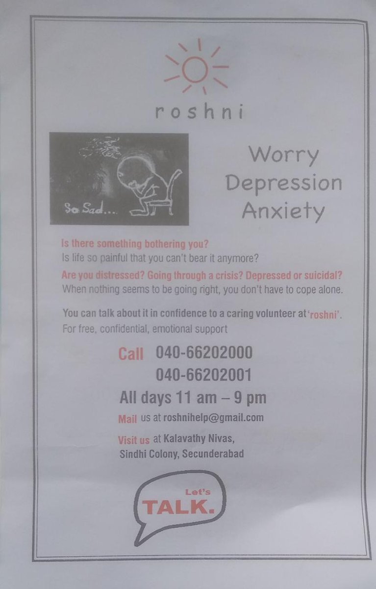  #Depression #Anxiety  #TelanganaAre you distressed? Going through crisis? depressed or suicidal?Seeking help is a sign of strength!Call b/w 11 AM - 9 PM anyday at040-66202000040-66202001or email at roshnihelp@gmail.com @TheRestlessQuil  @KavyaMayor