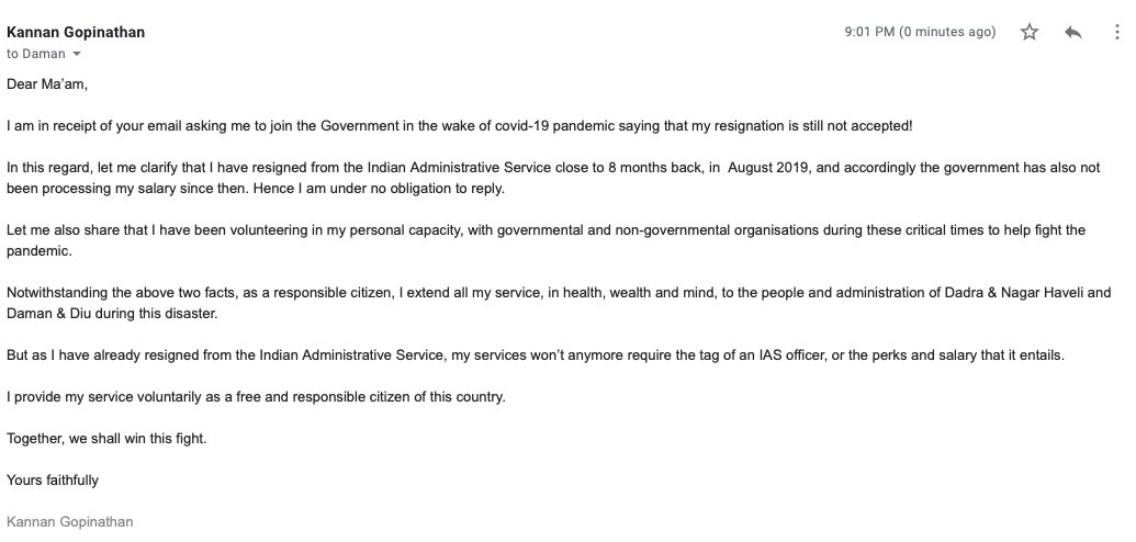 My reply to the Govt.It has been almost 8 months now since my resignation. Only thing the Govt knows is harassment. Of people & of officers. I know that they want to harass me further. But still, I offer to volunteer for the govt in these difficult times. But not rejoining IAS.