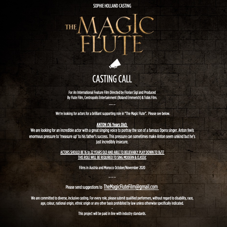 SophHollandCast's tweet image. Please Share or retweet. This is a great opportunity for some young talent. A really exciting project. #Casting #Actor #singers #TheMagicFlute @fayetimby 👏📽️