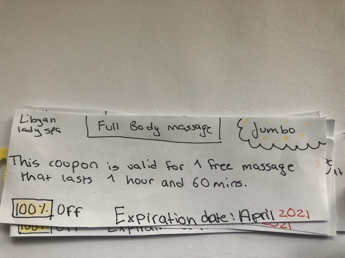 The entire book of “Libyan Lady Spa” coupons are for massages. The first one is pretty standard, except for the fact that they don’t seem to have a grasp of time. One hour and 60 minutes can surely be written more efficiently. And why 2 hours? And why jumbo??
